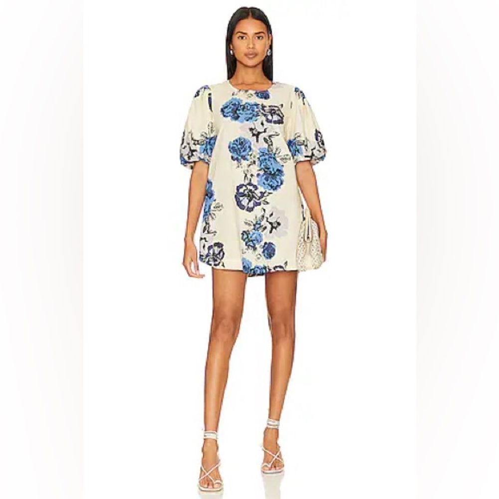 Free People Cream and Blue Floral Maye Tunic Dress